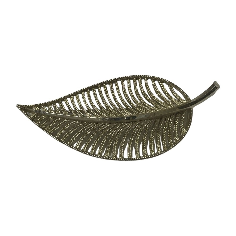 Vintage BSK Gold Tone Leaf Brooch Pin Open Work Textured